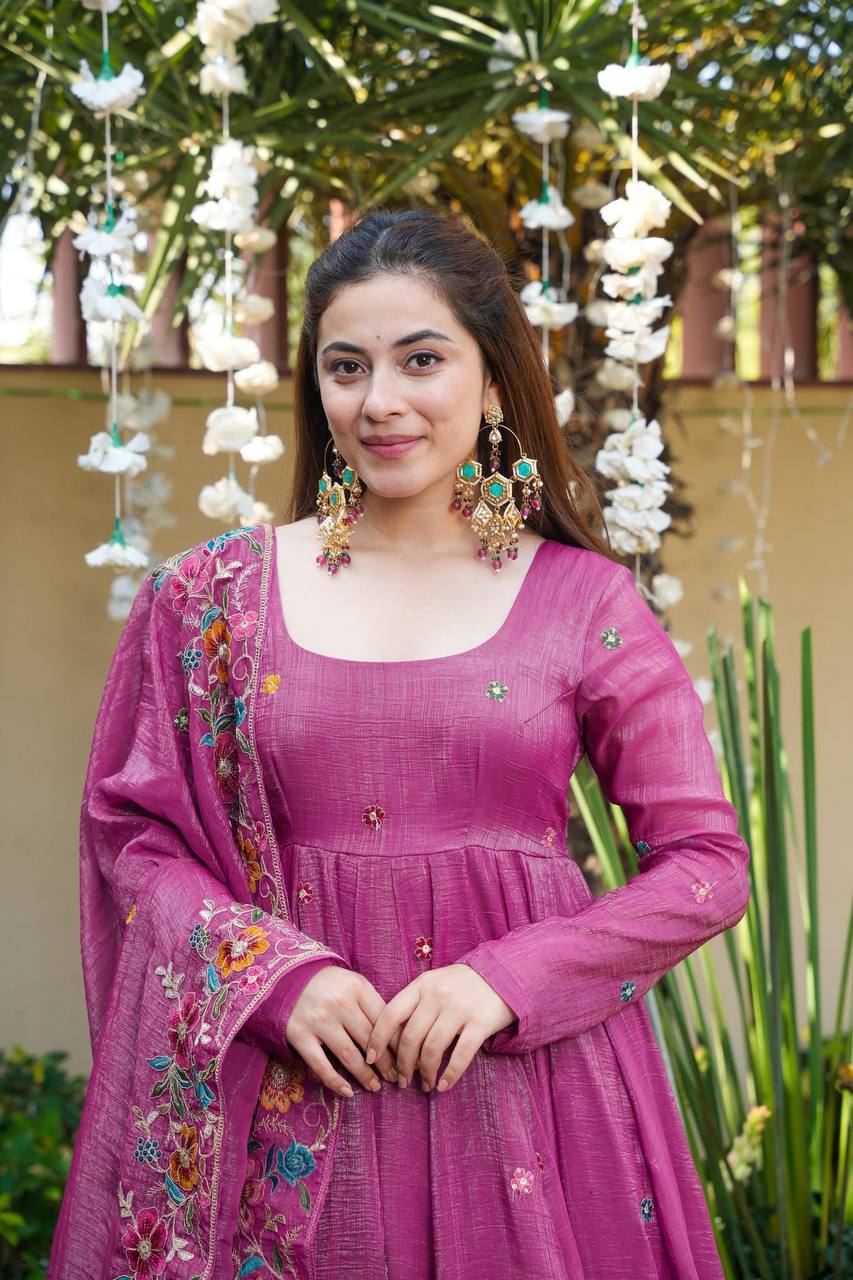 Luxury Embroidered Crunchy Silk Anarkali Gown Sharara Set with Dupatta