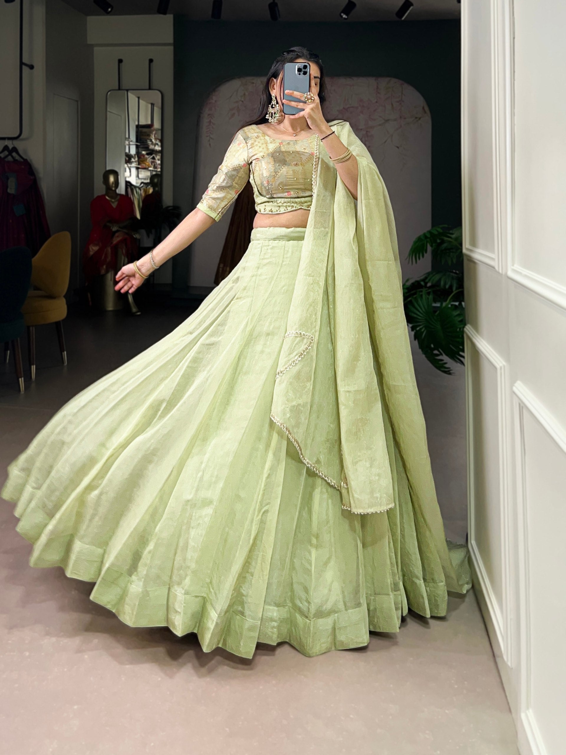Pastel Green Allen Crush Stitched Lehenga Choli Set