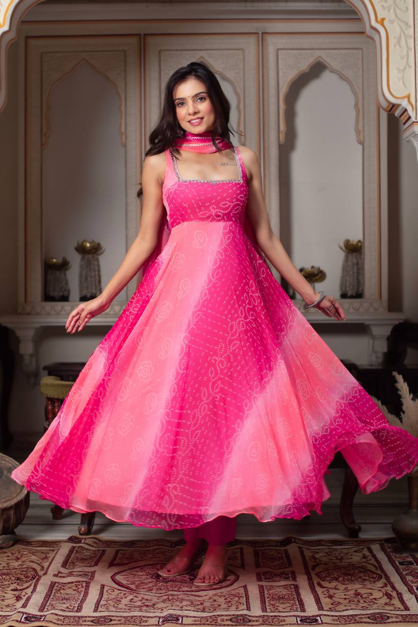 PInk Bandhani Real Mirror Work Anarkali Kurta Suit Set for Women | Festive & Party Wear Suit