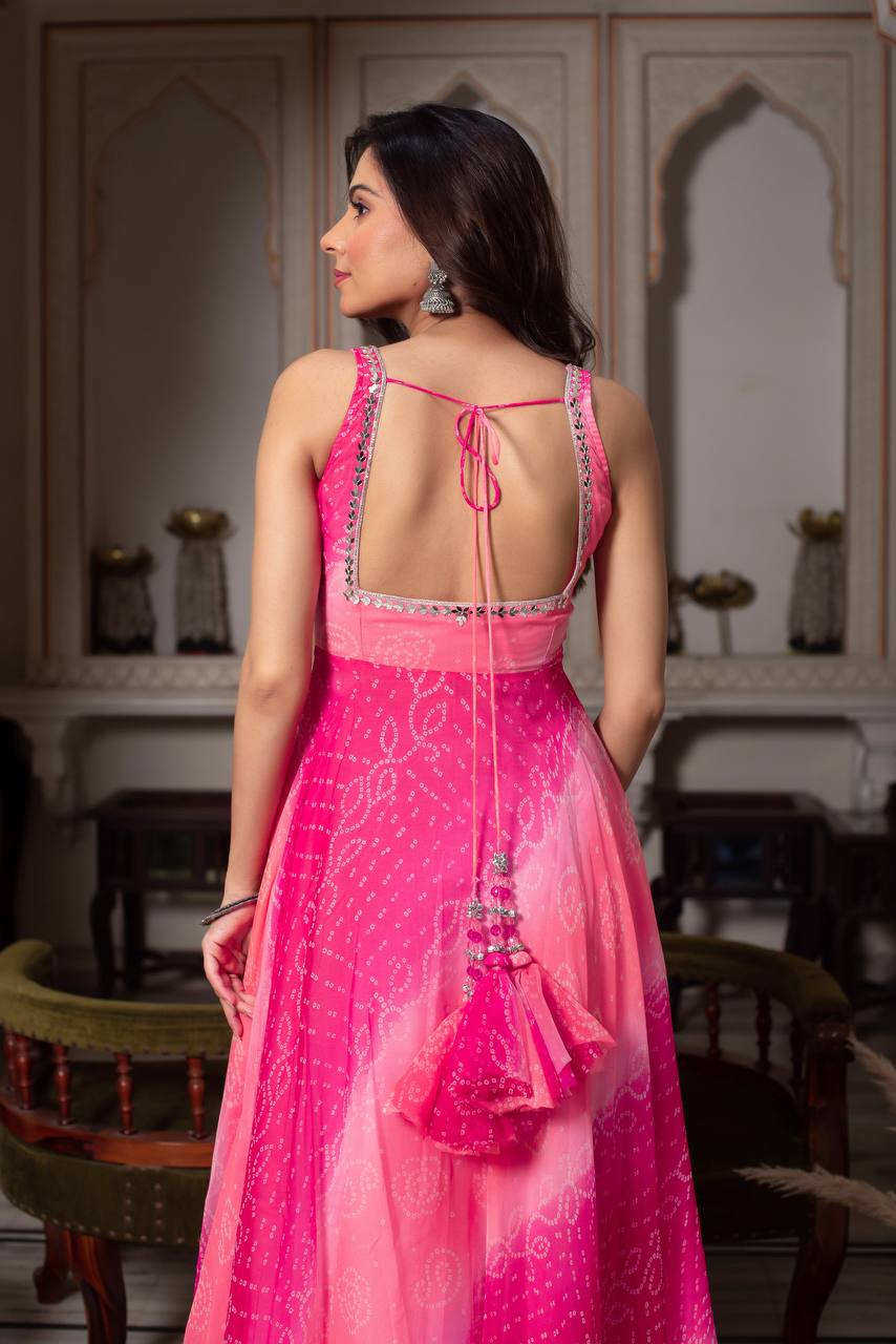PInk Bandhani Real Mirror Work Anarkali Kurta Suit Set for Women | Festive & Party Wear Suit