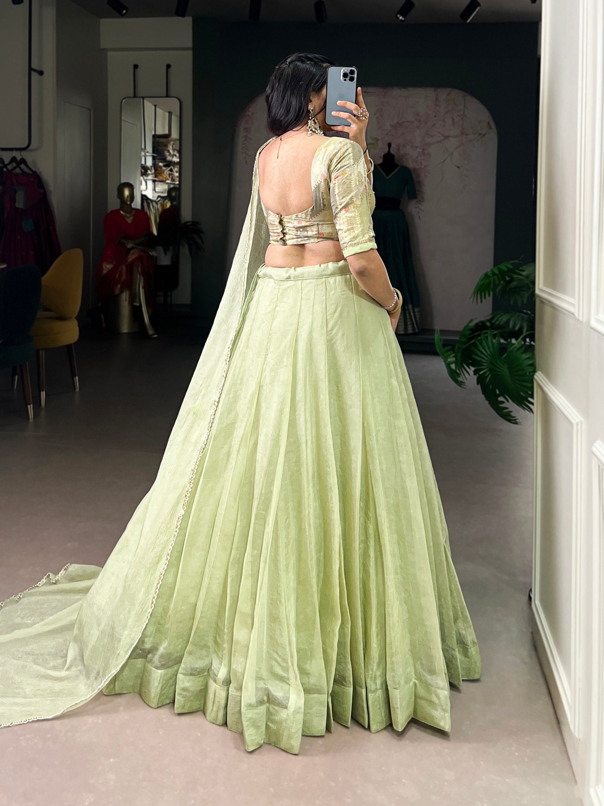 Pastel Green Allen Crush Stitched Lehenga Choli Set