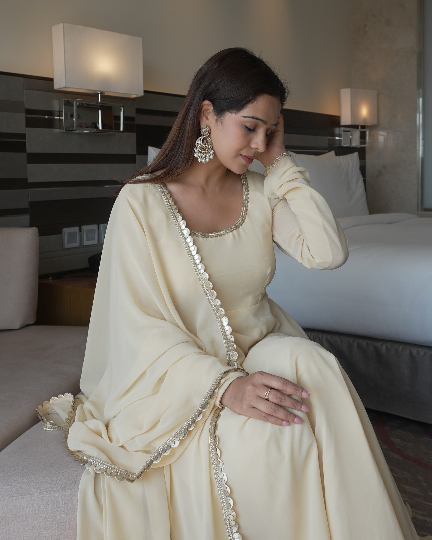 festive Wear Ivory White Mirror Work Anarkali Suit Set with Dupatta