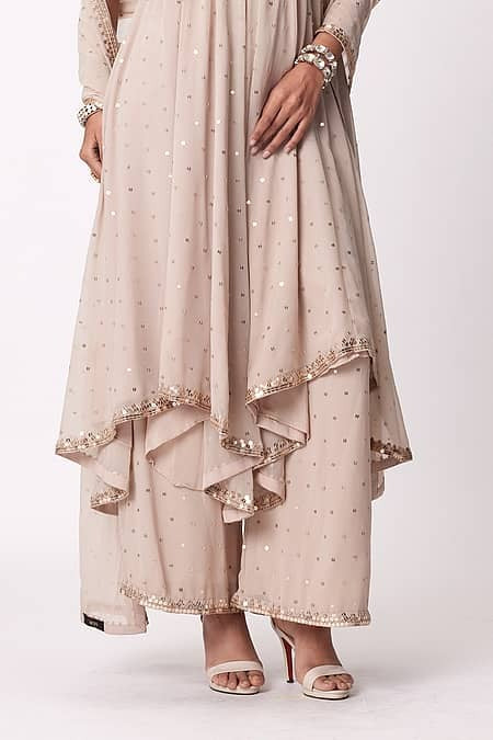 Champagne Beige Party Wear Mirror Work Anarkali Palazzo Set for Women | Designer Wedding Wear Ethnic Outfit