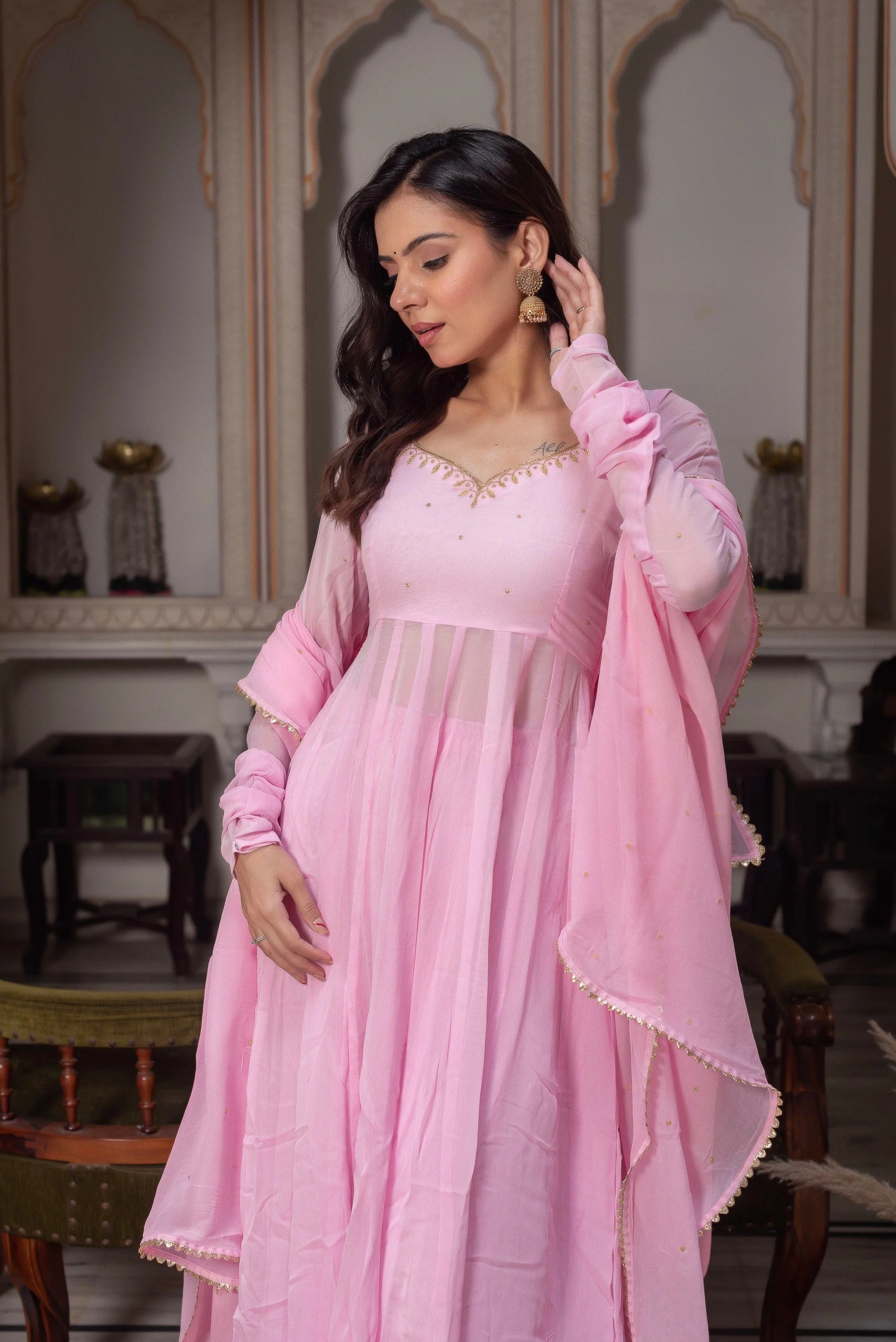 Baby Pink Georgette Anarkali Kurta Palazzo Set for Women | Wedding, Mehendi & Festive Wear