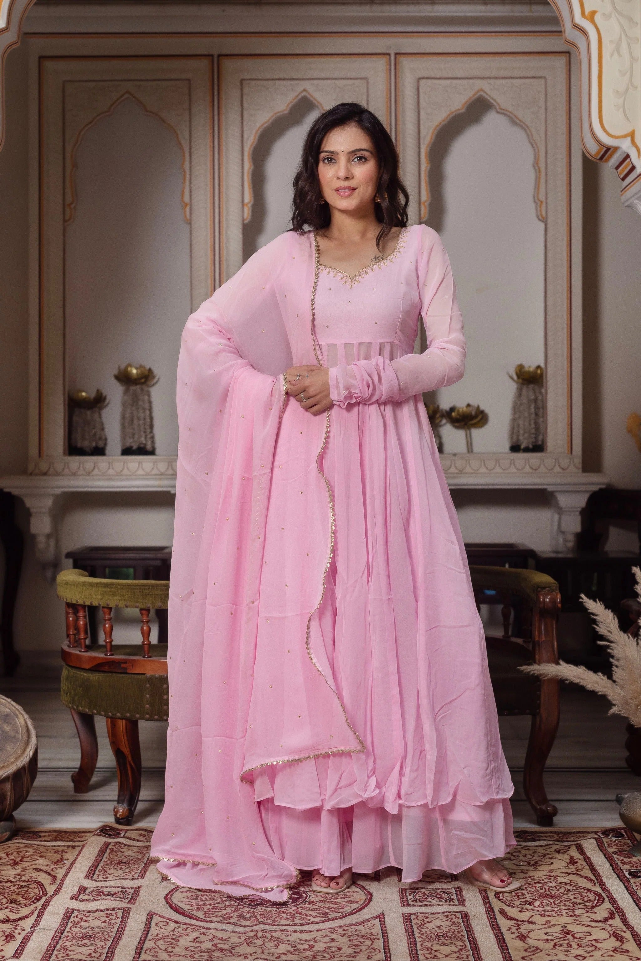 Baby Pink Georgette Anarkali Kurta Palazzo Set for Women | Wedding, Mehendi & Festive Wear