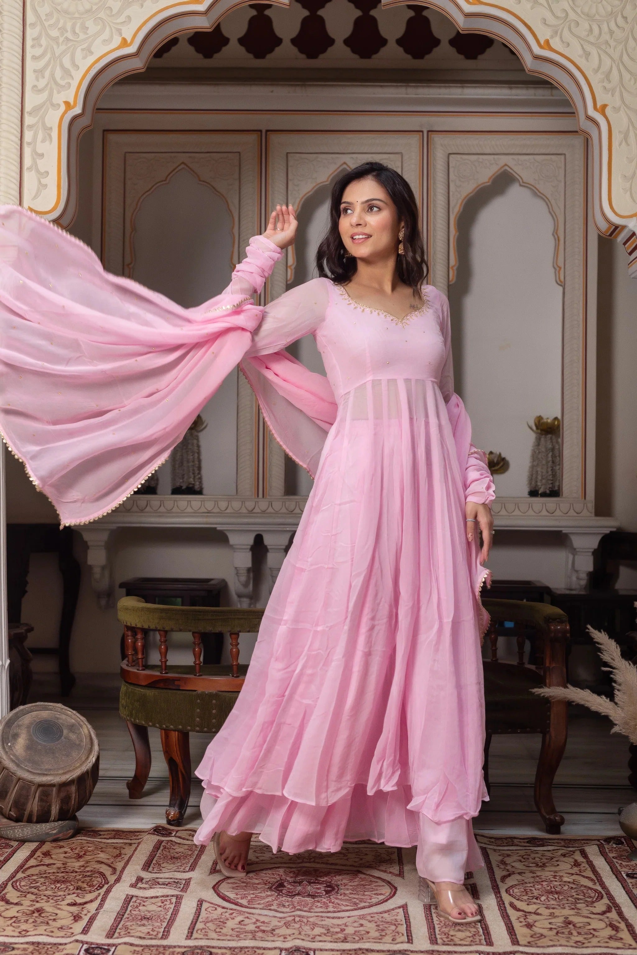 Baby Pink Georgette Anarkali Kurta Palazzo Set for Women | Wedding, Mehendi & Festive Wear
