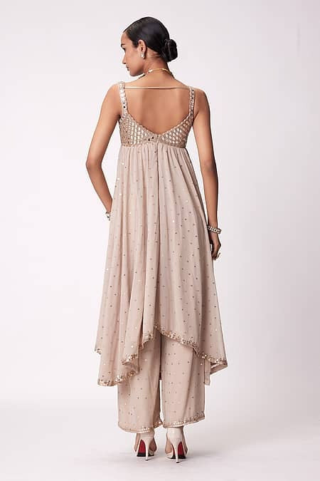 Champagne Beige Party Wear Mirror Work Anarkali Palazzo Set for Women | Designer Wedding Wear Ethnic Outfit
