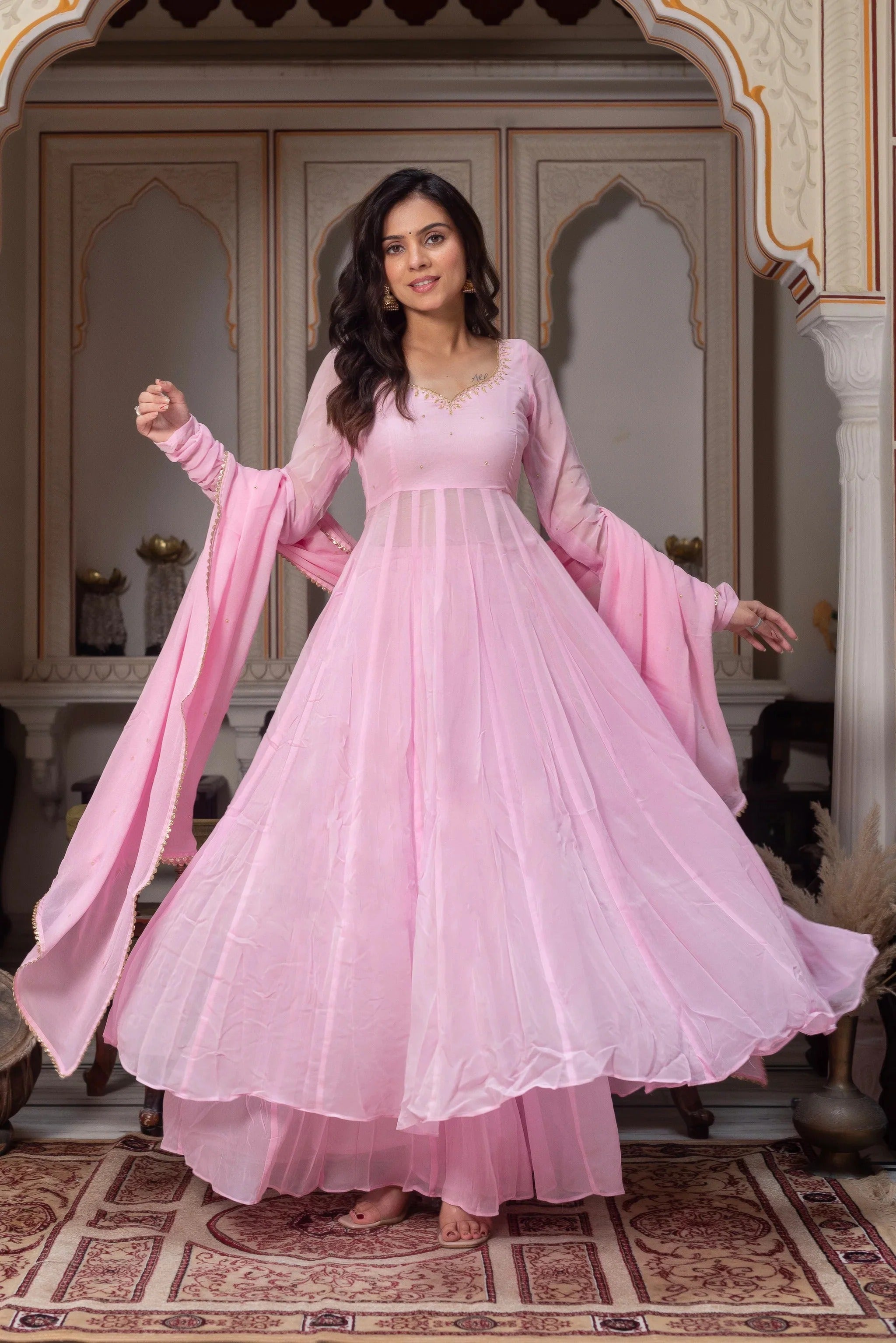 Baby Pink Georgette Anarkali Kurta Palazzo Set for Women | Wedding, Mehendi & Festive Wear
