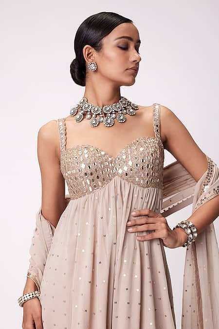 Champagne Beige Party Wear Mirror Work Anarkali Palazzo Set for Women | Designer Wedding Wear Ethnic Outfit