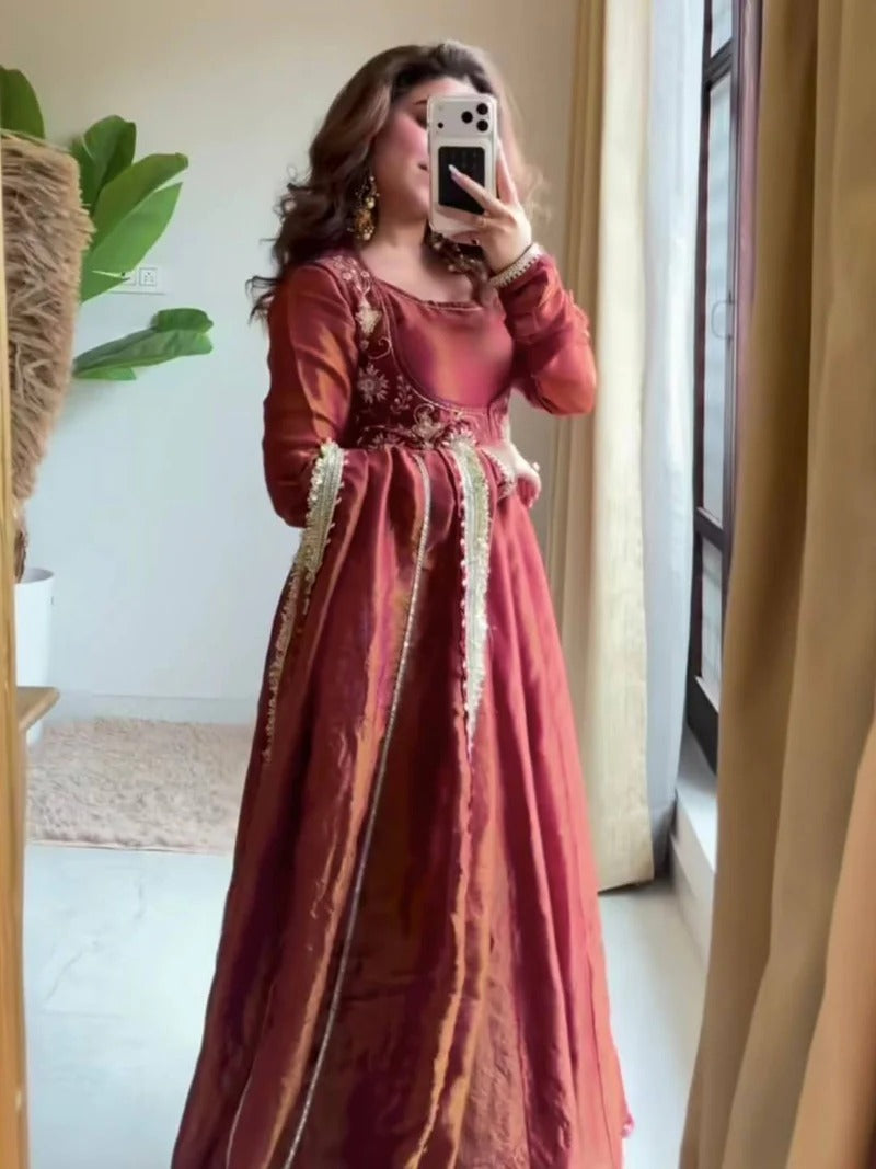 Wedding Wear Cosmos Silk Embroidered Anarkali Suit Set With Dupatta for Women | | Designer Party Wear Ethnic Outfit