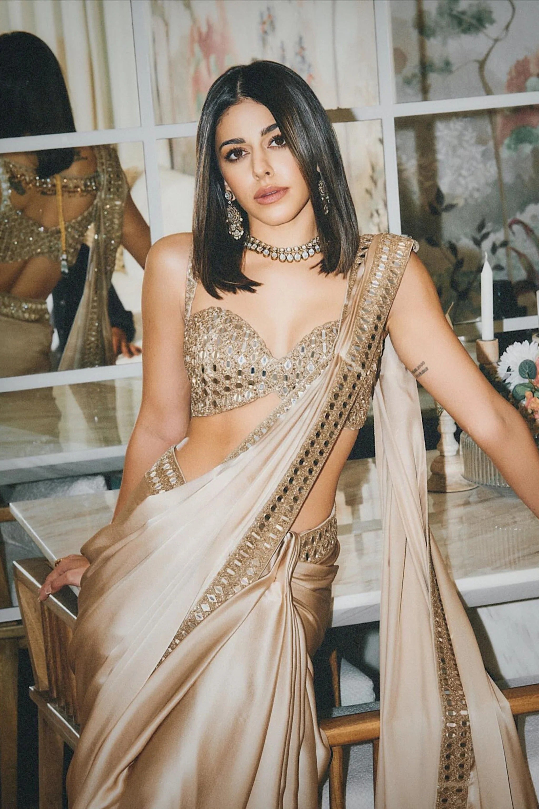 Champagne Beige Satin Silk Saree with Mirror Work Blouse | Party Wear Saree For Women