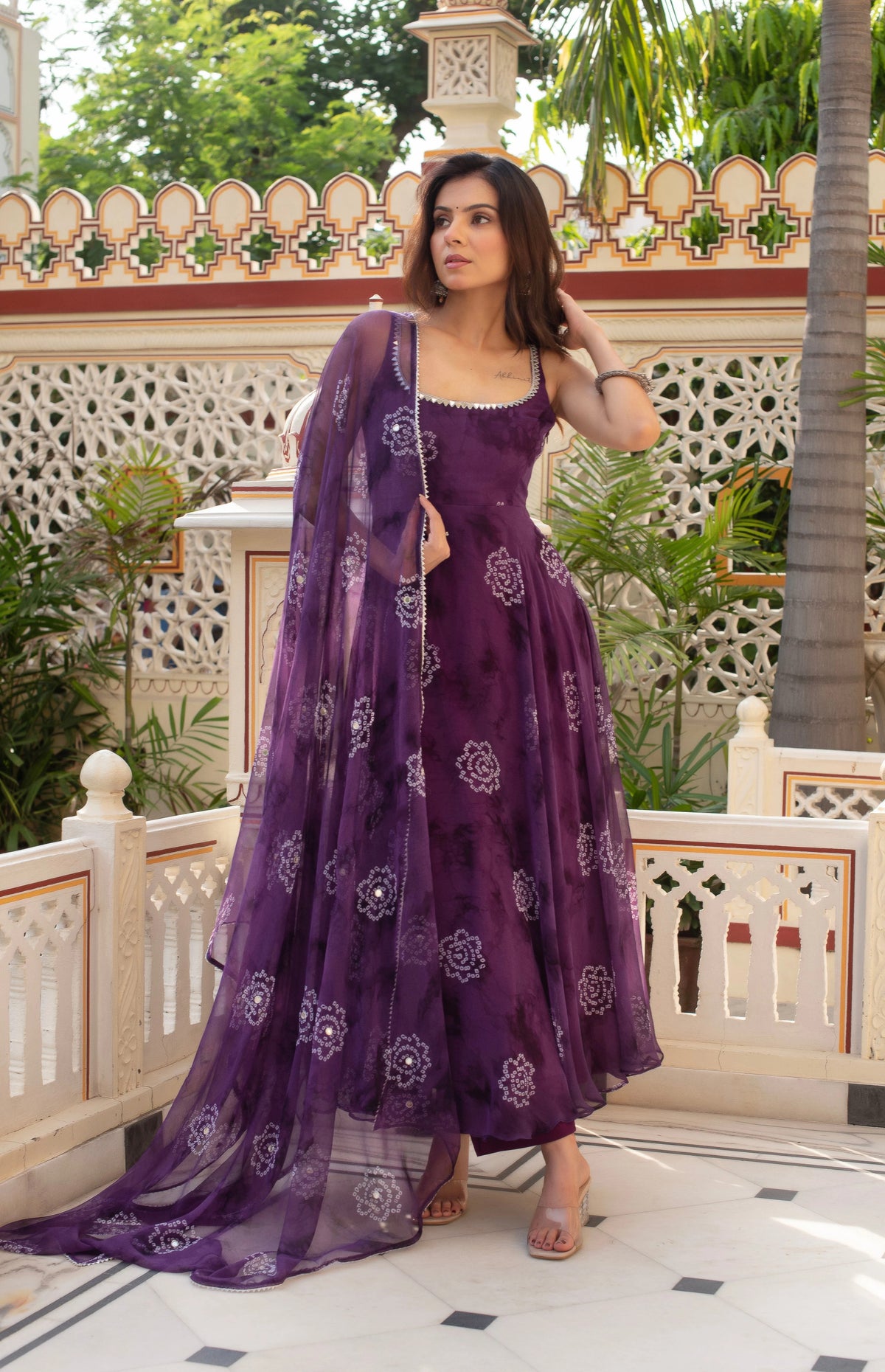 Party Wear Purple Bandhani Anarkali Gown for Women