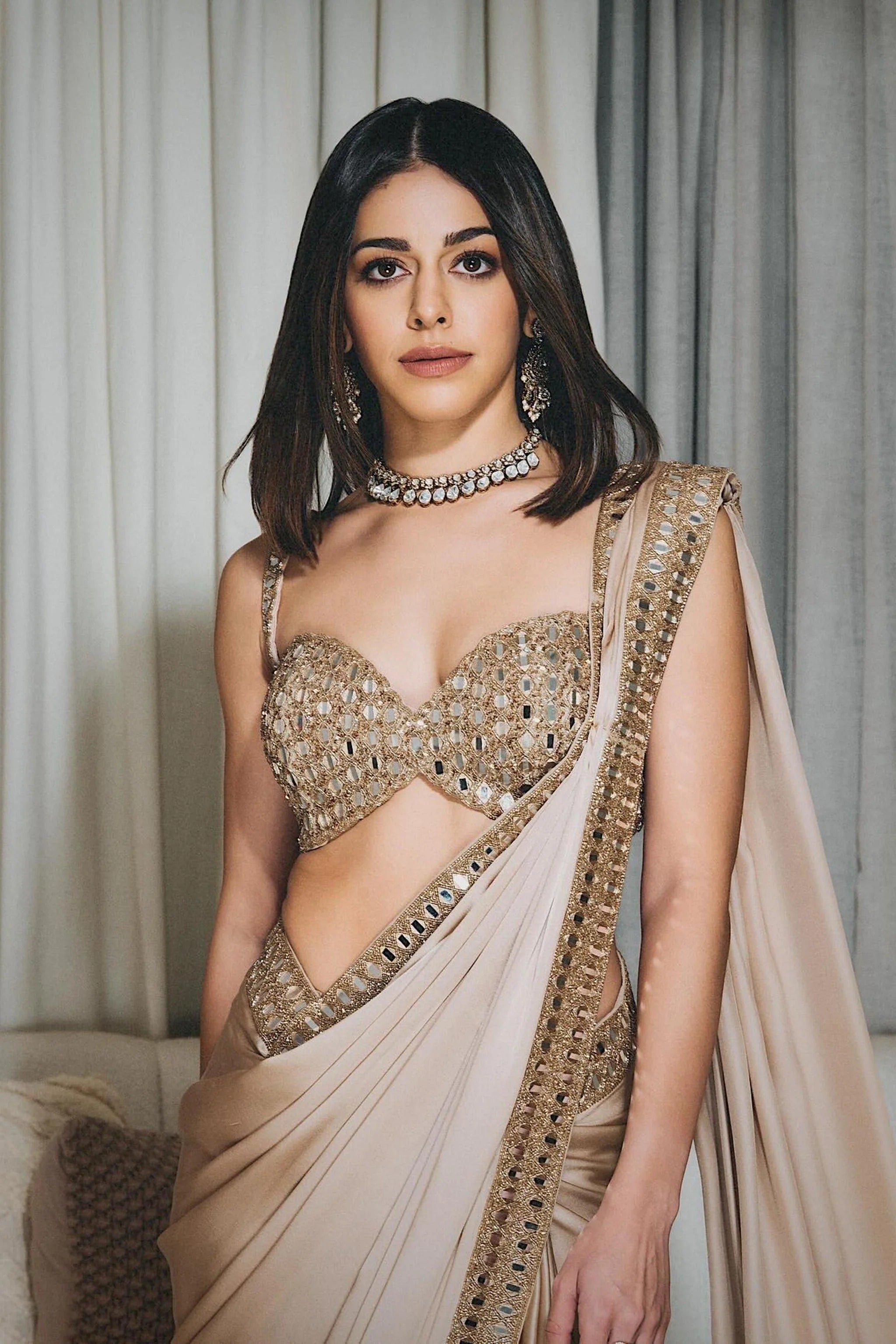 Champagne Beige Satin Silk Saree with Mirror Work Blouse | Party Wear Saree For Women