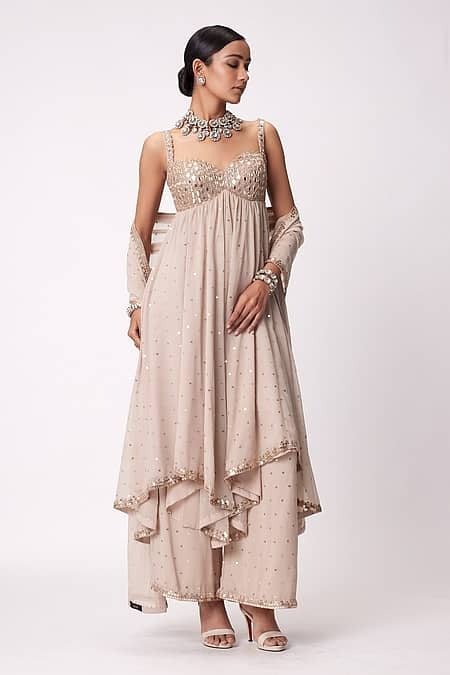 Champagne Beige Party Wear Mirror Work Anarkali Palazzo Set for Women | Designer Wedding Wear Ethnic Outfit