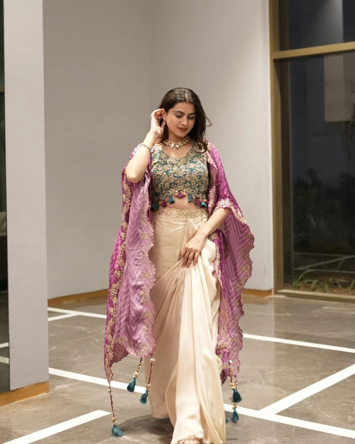 Indo-Western Dhoti Skirt Set for Women | Party Wear Embroidered Crop Top & Cape