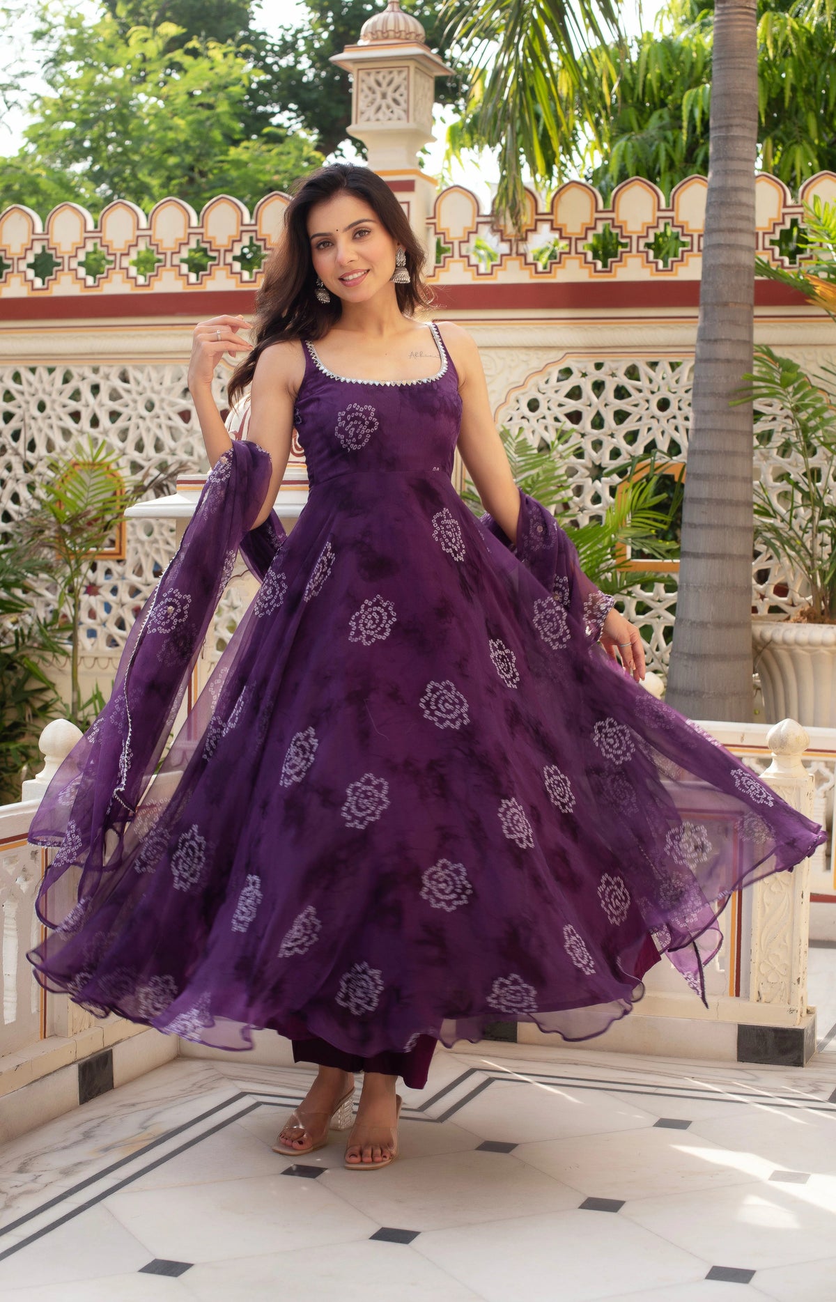 Party Wear Purple Bandhani Anarkali Gown for Women