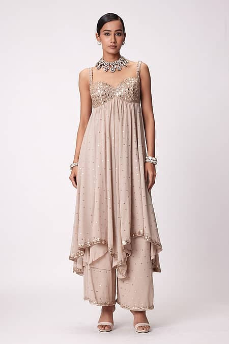 Champagne Beige Party Wear Mirror Work Anarkali Palazzo Set for Women | Designer Wedding Wear Ethnic Outfit