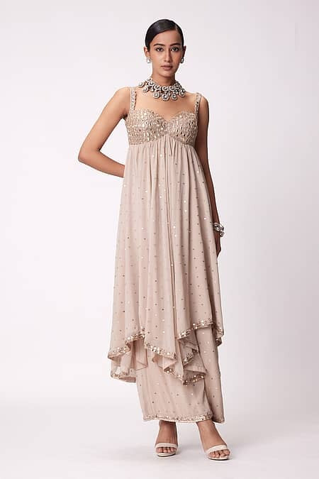 Champagne Beige Party Wear Mirror Work Anarkali Palazzo Set for Women | Designer Wedding Wear Ethnic Outfit