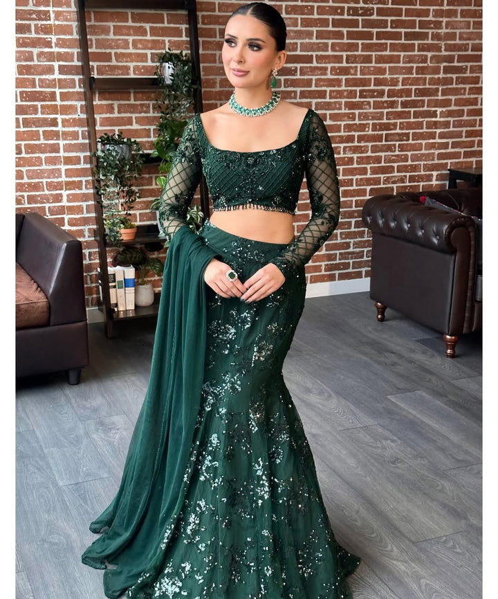 Bottle Green Sequin Fish-Cut Mermaid Lehenga Choli with Dupatta for Women