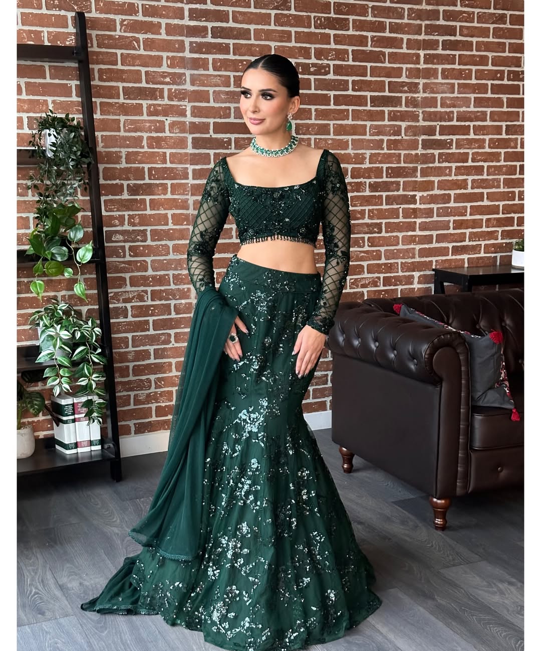 Bottle Green Sequin Fish-Cut Mermaid Lehenga Choli with Dupatta for Women