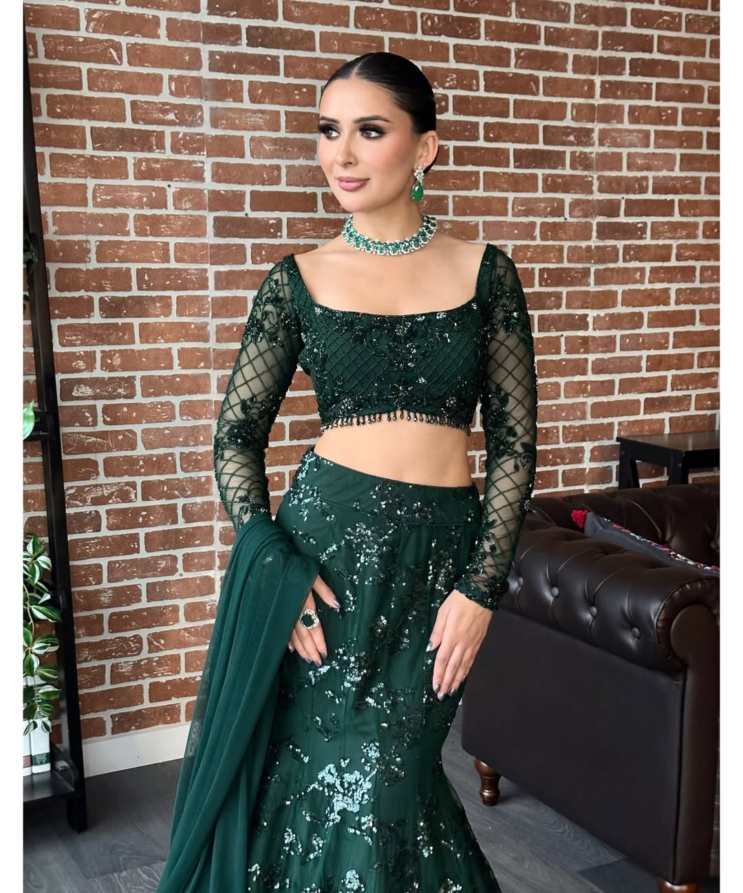 Bottle Green Sequin Fish-Cut Mermaid Lehenga Choli with Dupatta for Women