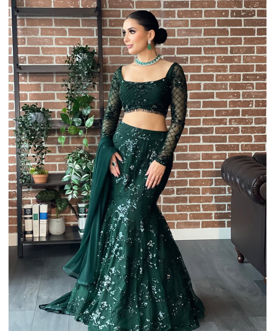 Bottle Green Sequin Fish-Cut Mermaid Lehenga Choli with Dupatta for Women