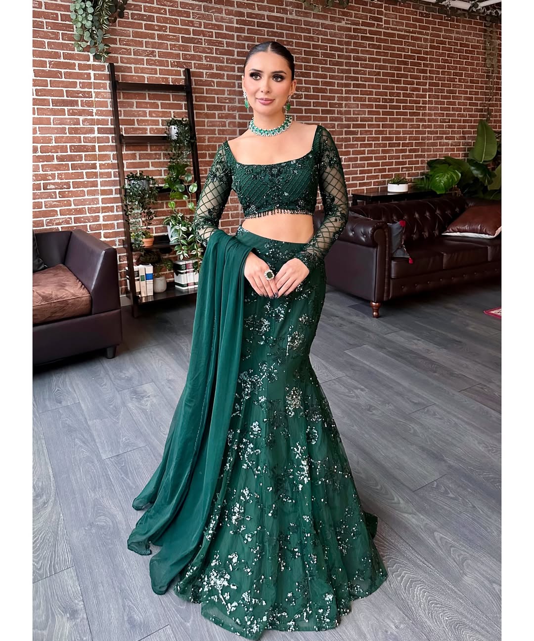 Bottle Green Sequin Fish-Cut Mermaid Lehenga Choli with Dupatta for Women