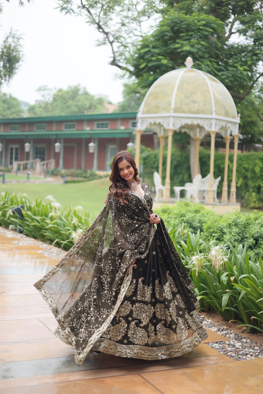 Luminous Mehendi Green Sequins Embroidered Designer Lehenga Choli - Ethnicwish