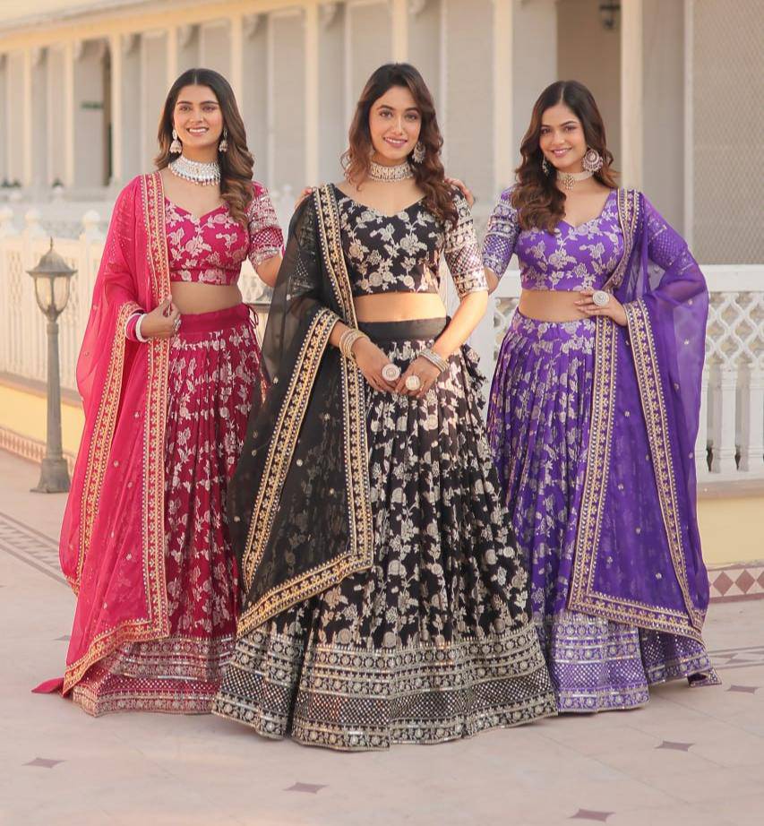 Fascinating Pure Viscous Jacquard Sequins Embroidered Lehenga Choli - Ethnicwish