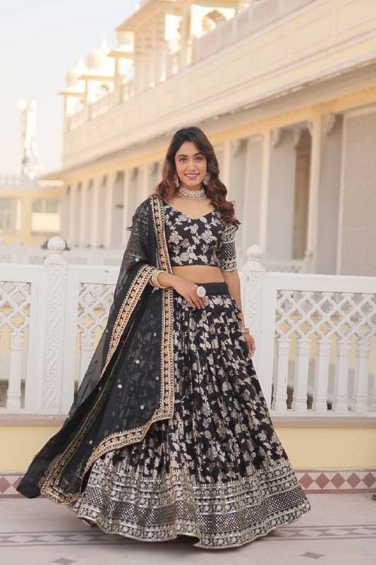 Fascinating Pure Viscous Jacquard Sequins Embroidered Lehenga Choli - Ethnicwish