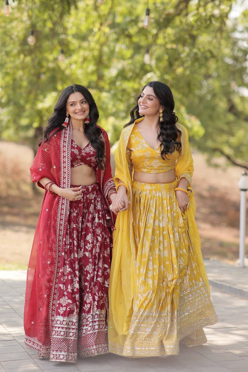 Fascinating Pure Viscous Jacquard Sequins Embroidered Lehenga Choli - Ethnicwish