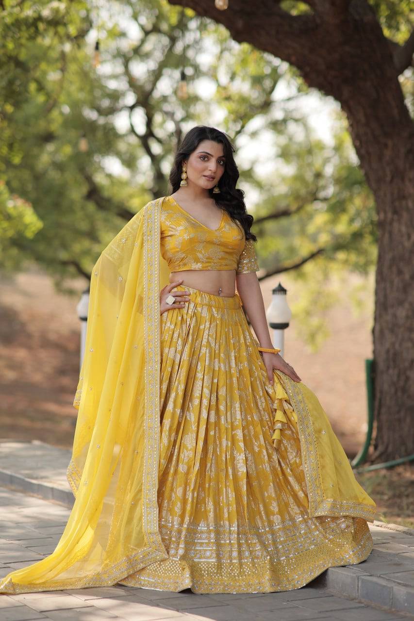 Fascinating Pure Viscous Jacquard Sequins Embroidered Lehenga Choli - Ethnicwish