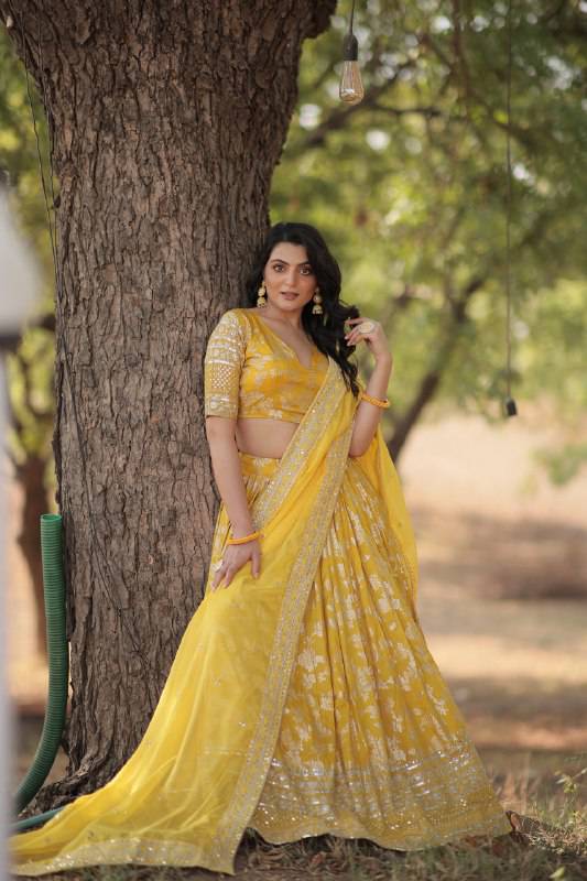 Fascinating Pure Viscous Jacquard Sequins Embroidered Lehenga Choli - Ethnicwish