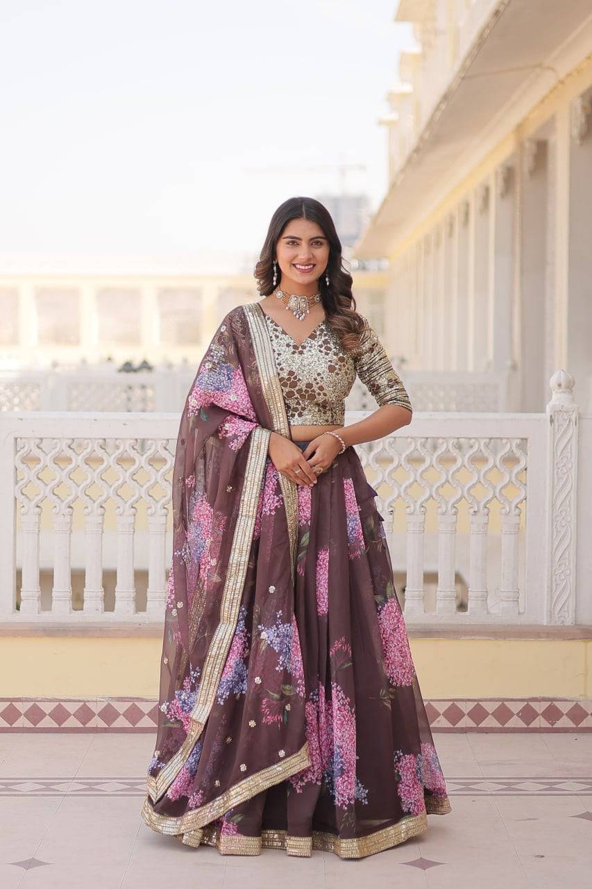 Heavenly Russian Silk Floral Sequins Embroidered Lehenga Choli - Ethnicwish