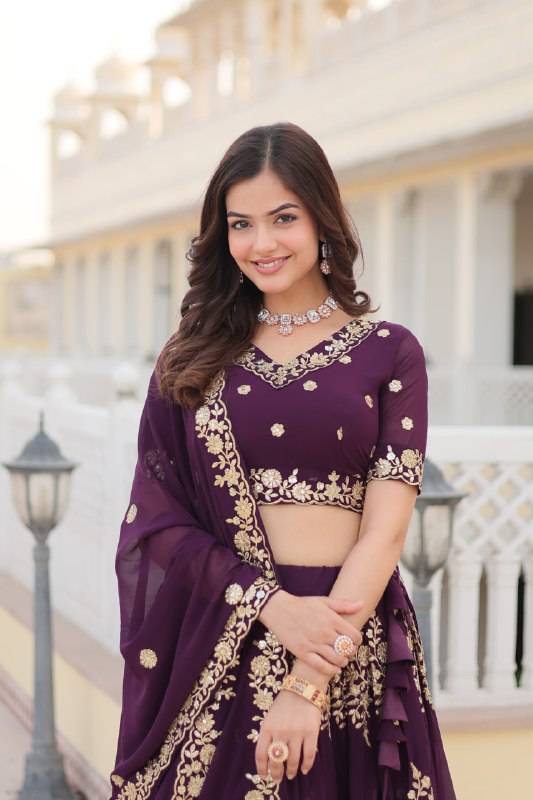 Graceful Wine Faux Georgette Wedding Wear Lehenga Choli - Ethnicwish