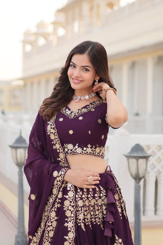 Graceful Wine Faux Georgette Wedding Wear Lehenga Choli - Ethnicwish