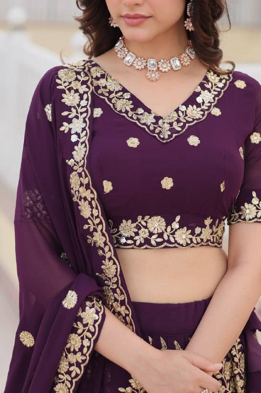 Graceful Wine Faux Georgette Wedding Wear Lehenga Choli - Ethnicwish