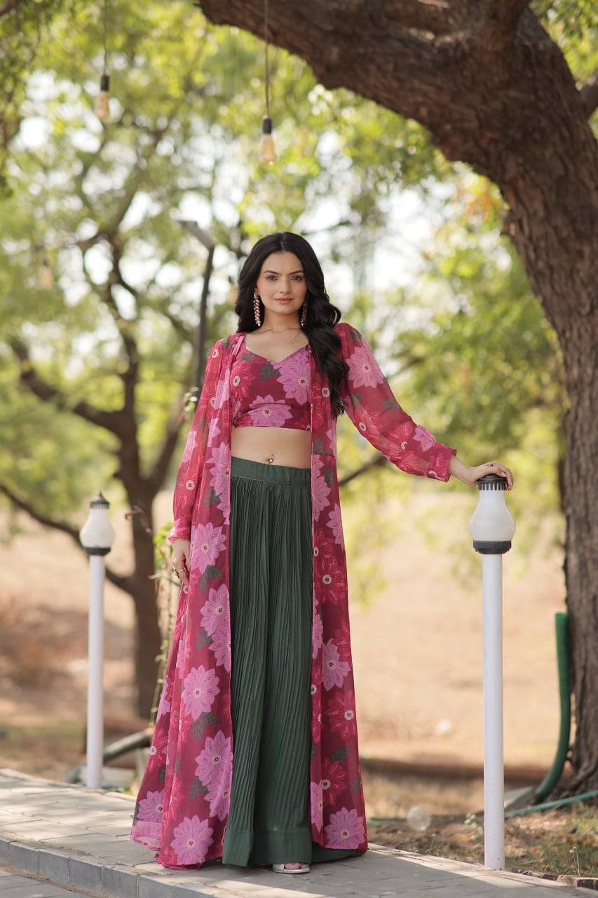Alluring Faux Georgette Floral Printed Blouse Lehenga Shrug Set - Ethnicwish