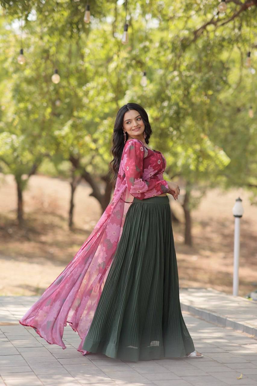 Alluring Faux Georgette Floral Printed Blouse Lehenga Shrug Set - Ethnicwish
