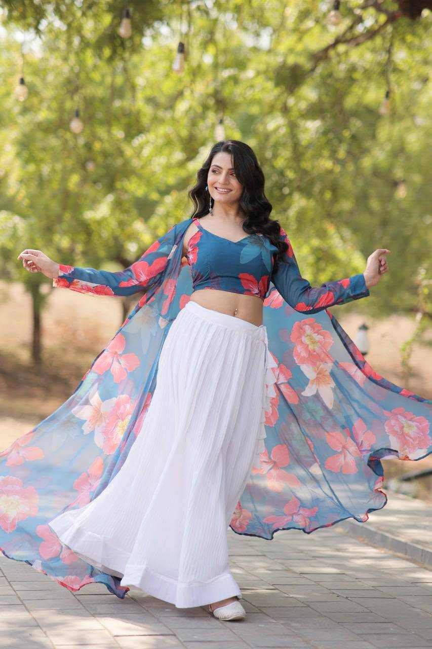 Alluring Faux Georgette Floral Printed Blouse Lehenga Shrug Set - Ethnicwish
