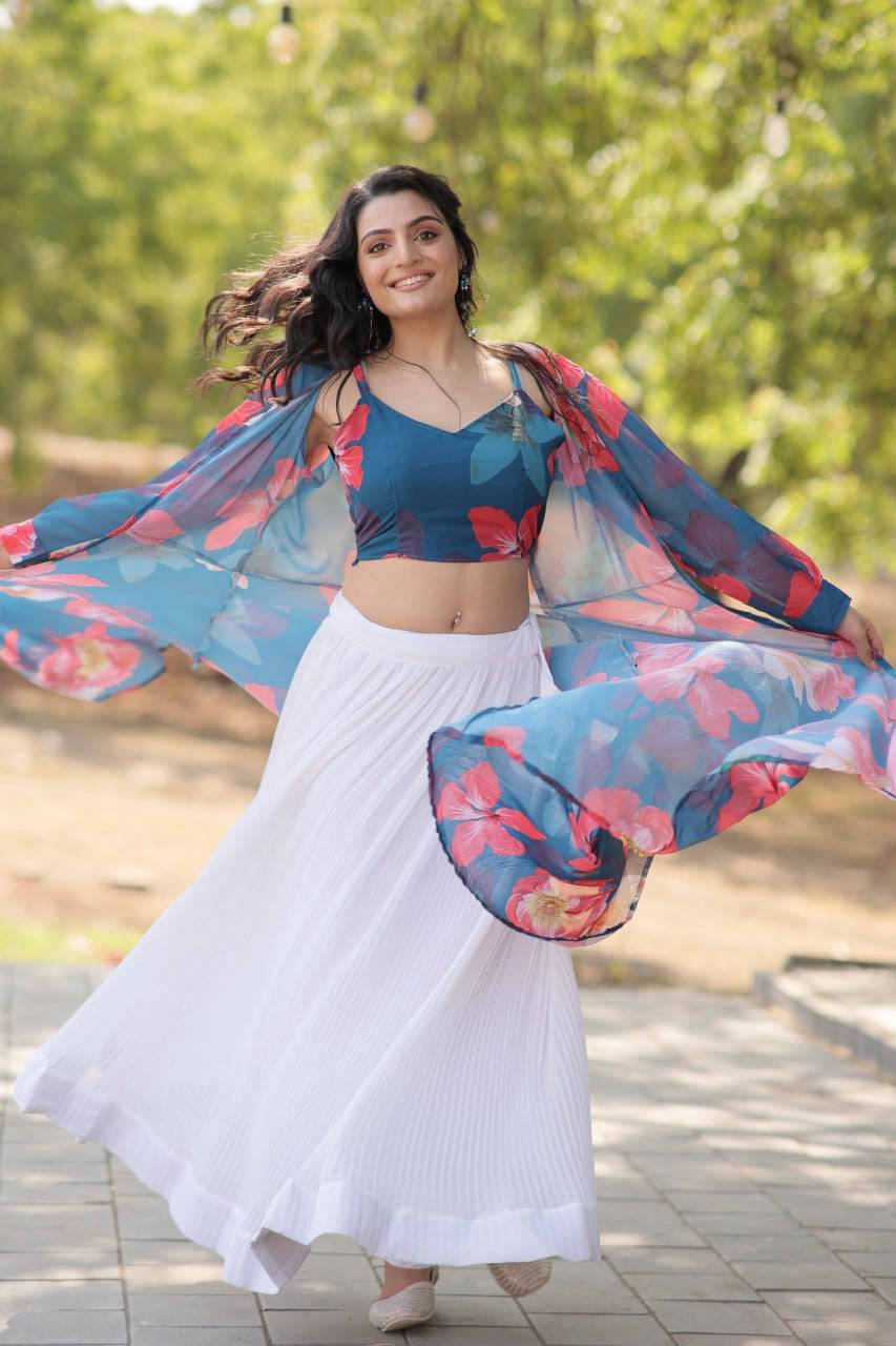 Alluring Faux Georgette Floral Printed Blouse Lehenga Shrug Set - Ethnicwish