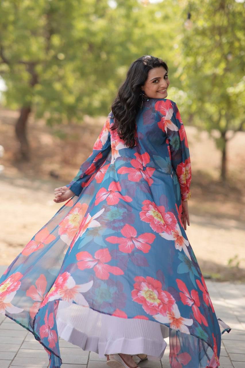 Alluring Faux Georgette Floral Printed Blouse Lehenga Shrug Set - Ethnicwish