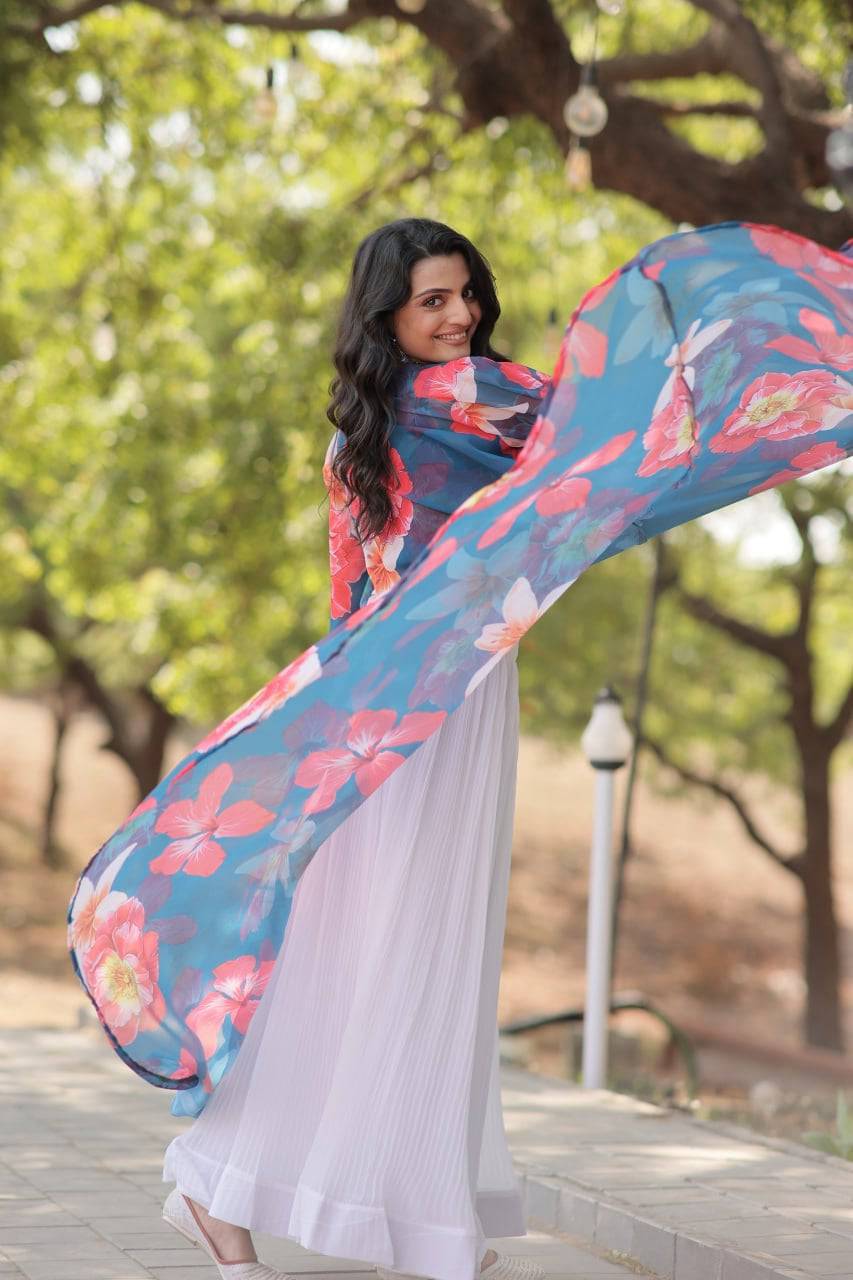 Alluring Faux Georgette Floral Printed Blouse Lehenga Shrug Set - Ethnicwish