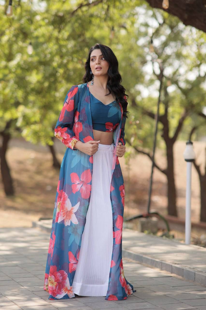 Alluring Faux Georgette Floral Printed Blouse Lehenga Shrug Set - Ethnicwish