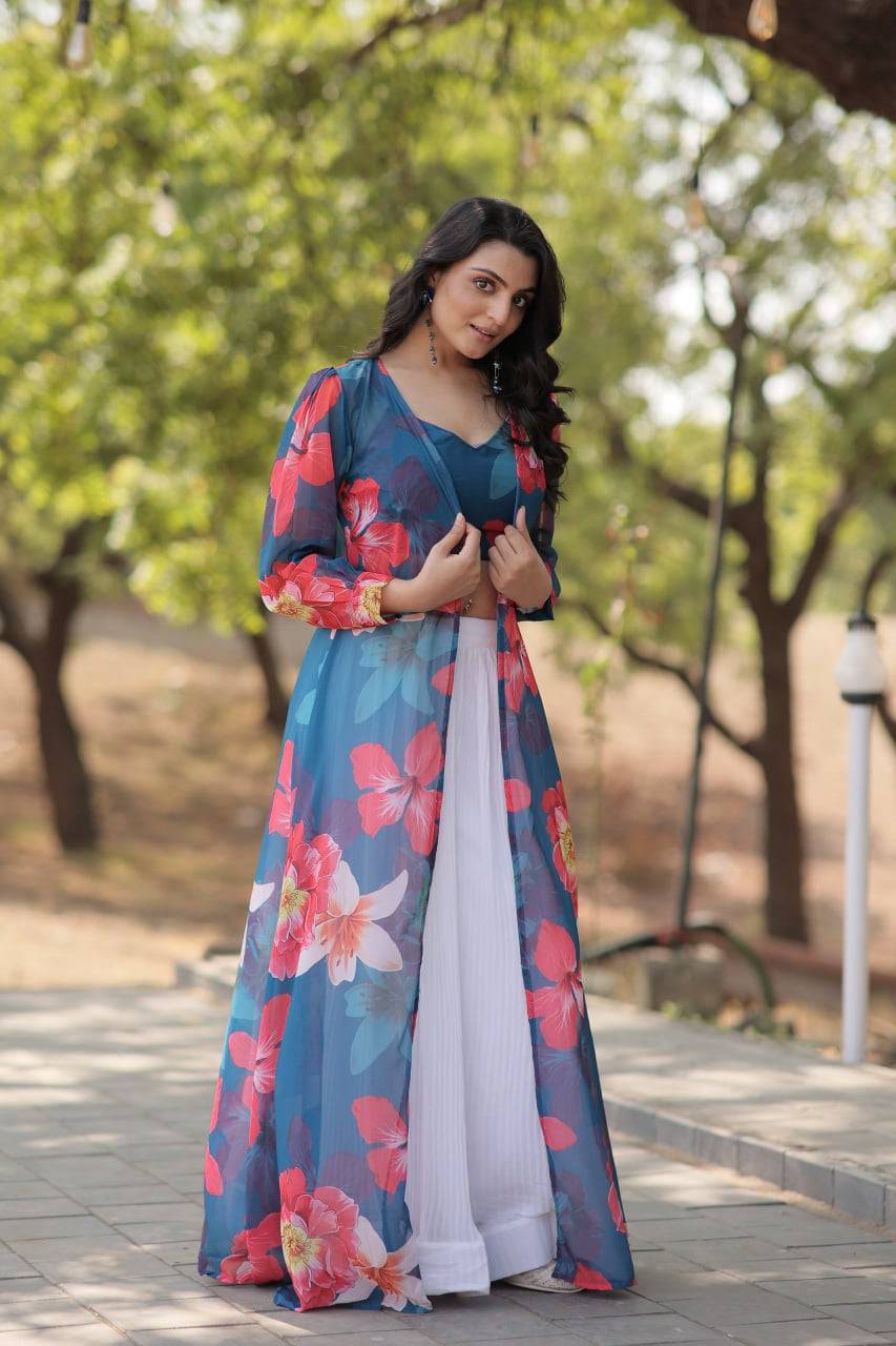 Alluring Faux Georgette Floral Printed Blouse Lehenga Shrug Set - Ethnicwish
