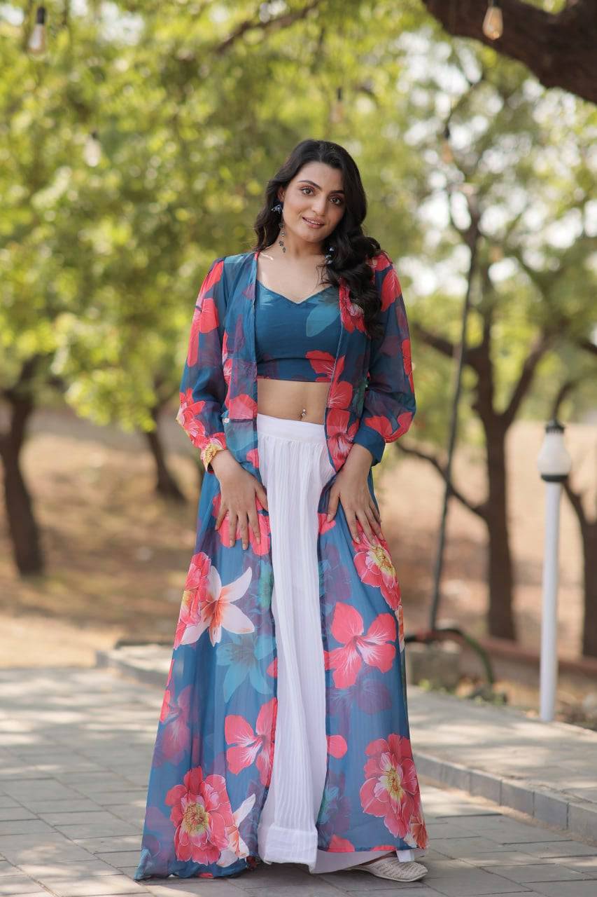 Alluring Faux Georgette Floral Printed Blouse Lehenga Shrug Set - Ethnicwish