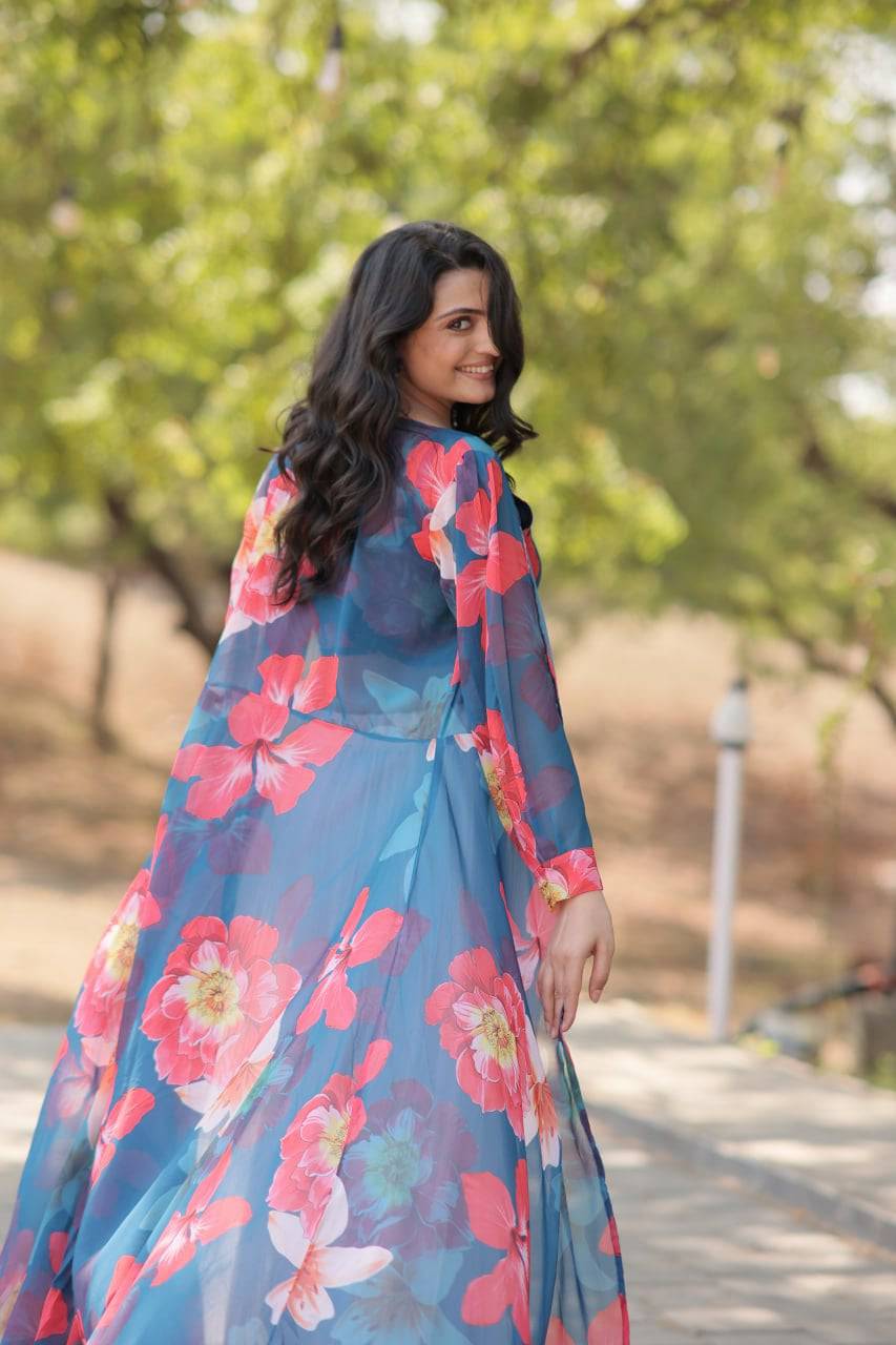 Alluring Faux Georgette Floral Printed Blouse Lehenga Shrug Set - Ethnicwish