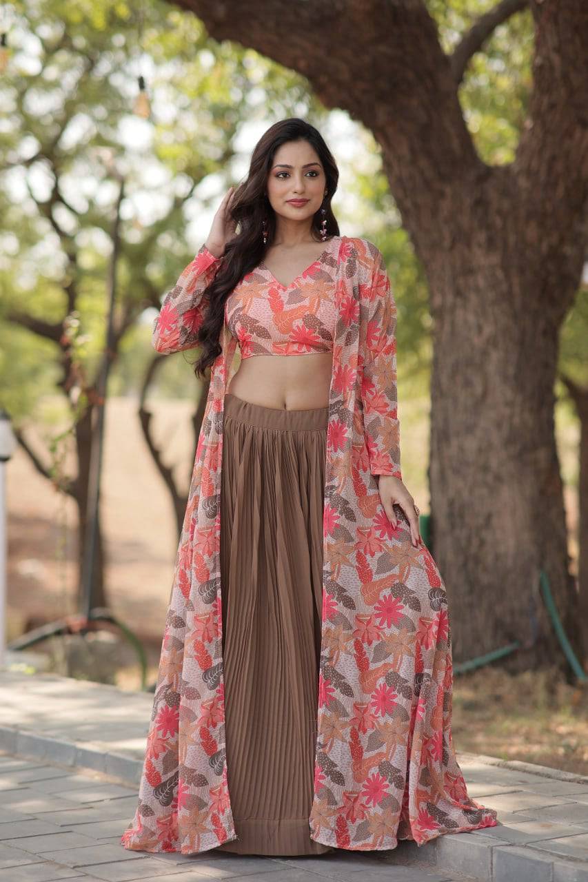 Alluring Faux Georgette Floral Printed Blouse Lehenga Shrug Set - Ethnicwish