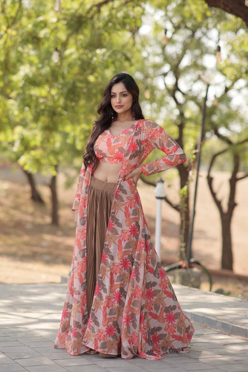 Alluring Faux Georgette Floral Printed Blouse Lehenga Shrug Set - Ethnicwish