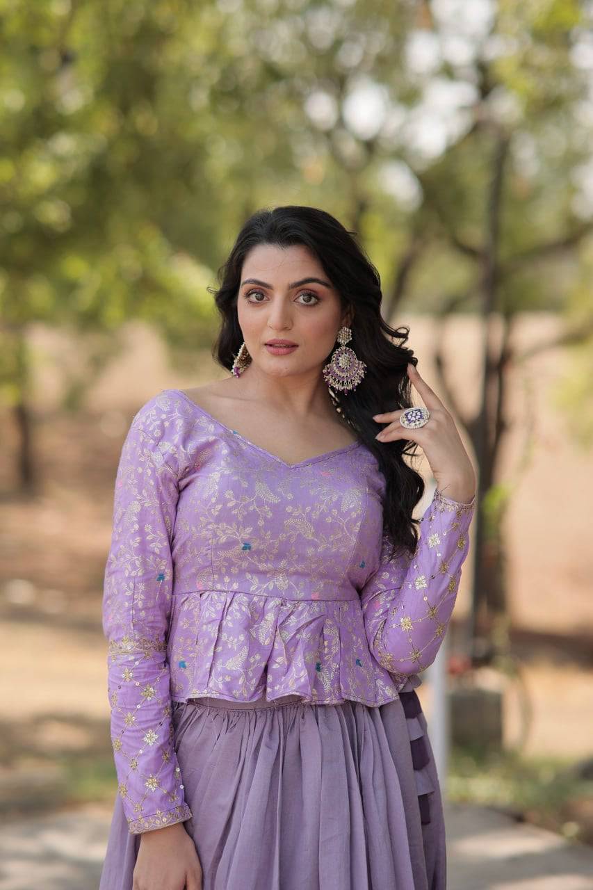 Alluring Sequins Embroidered Fully Stitched Top Lehenga Set - Ethnicwish